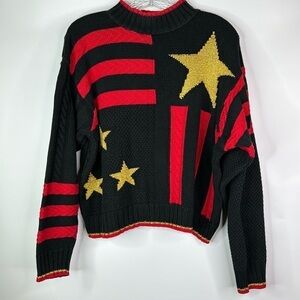 Vintage Liz Wear Black Red Gold Star Stripe Sweater Petite Medium